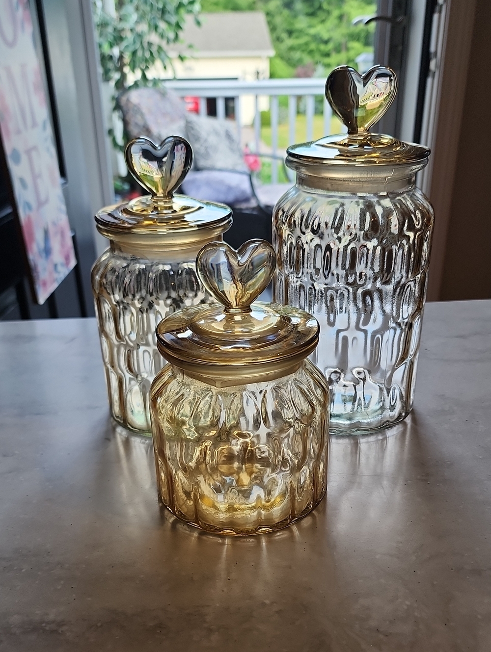 Set Of 3 Glass Heart-Top Canister Set - Amber & Clear. I Have 2 Complete Set!